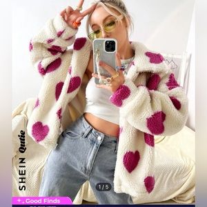 SHEIN quite heart pattern drop shoulder fleece jacket